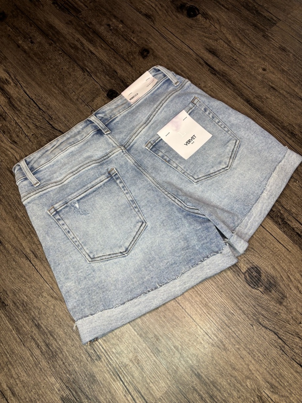 VERVET Blue Rebecca Light Blue Distressed Rolled Hem High Rise Denim Shorts - Picture 2 of 13